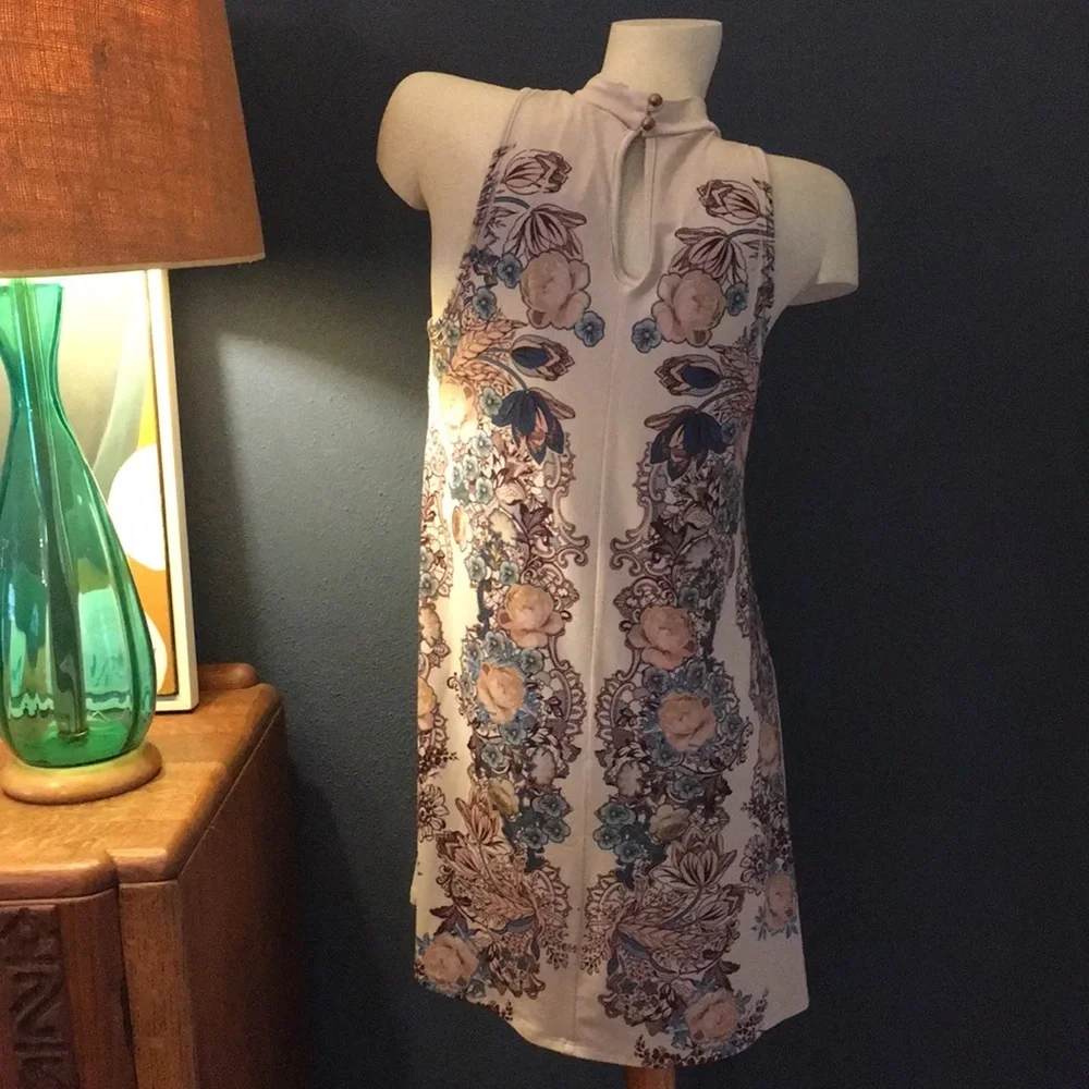 NWT High Neck Tan Blue Print Mini Dress S - Picture 5 of 5